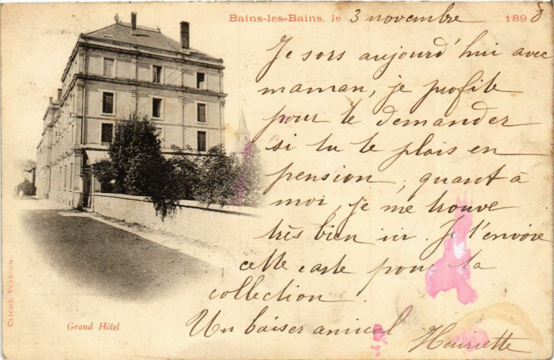 Carte postale ancienne Bains-les-Bains - Grand Hotel à Grand