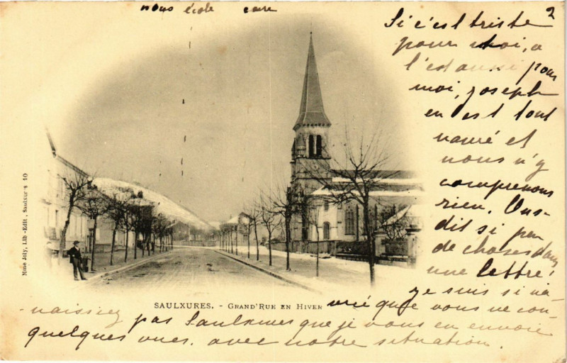 Carte postale ancienne Saulxures - Grand Rue en hiver à Grand