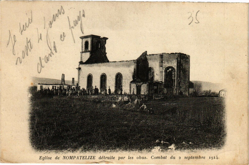 Carte postale ancienne Eglise de Nompatelize détraite par les obus. Combat du 2 ... à Nompatelize