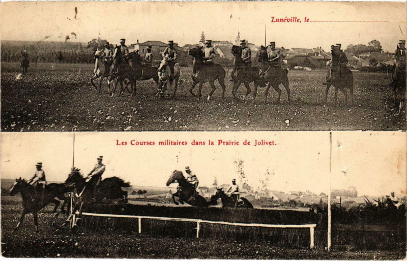 Carte postale ancienne Militaire Lunéville Les Courses militaires dans la Prairie à Lunéville