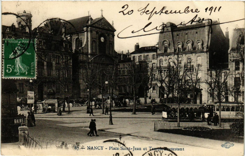 Carte postale ancienne Nancy - Place Saint-Jean et Temple Protestant à Nancy