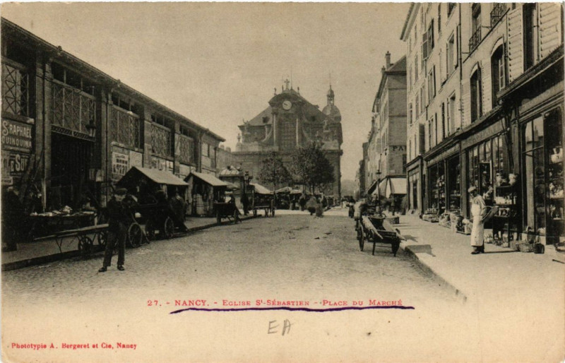 Carte postale ancienne Nancy - Eglise Saint-Sébastien - Place du Marché à Nancy