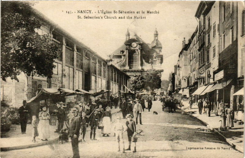 Carte postale ancienne Nancy - L'Eglise Saint-Sebastien et le Marché à Nancy