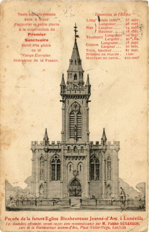 Carte postale ancienne Luneville - Facade de la Future Eglise Bienheureuse Jeanne-d'Arc à Lunéville