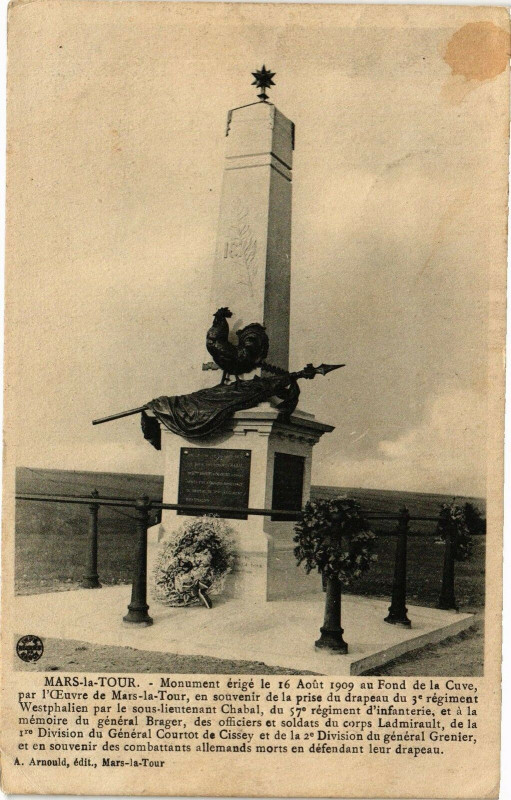Carte postale ancienne Mars la Tour-Monument érigé le 16 Aout 1909 au Fond de la Cuve à Mars-la-Tour