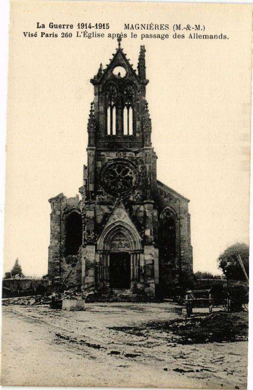 Carte postale ancienne Magniéres-L'Eglise aprés le passage des Allemands à Magnières