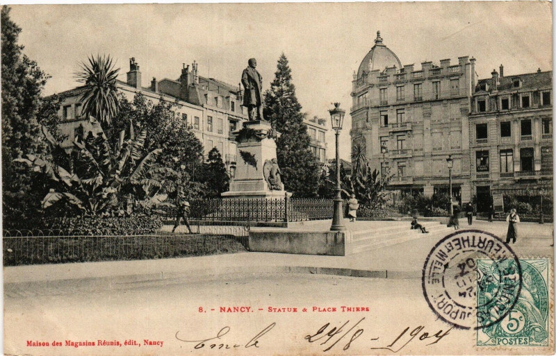 Carte postale ancienne Nancy-Statue & Place Thiers à Nancy