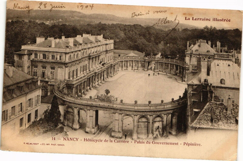 Carte postale ancienne Nancy-Hémicycle de la Carriére-Palais du Gouvernement-Pépiniére à Nancy