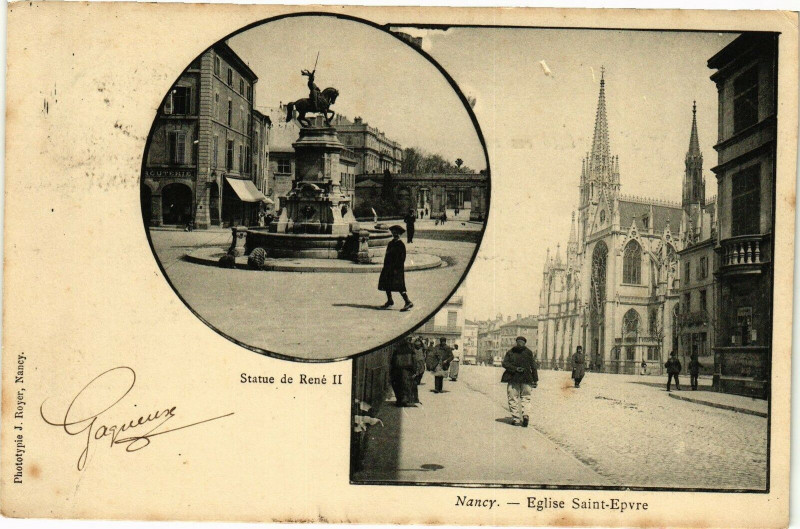 Carte postale ancienne Nancy-Eglise Saint Epvre-Statue de René Ii à Nancy