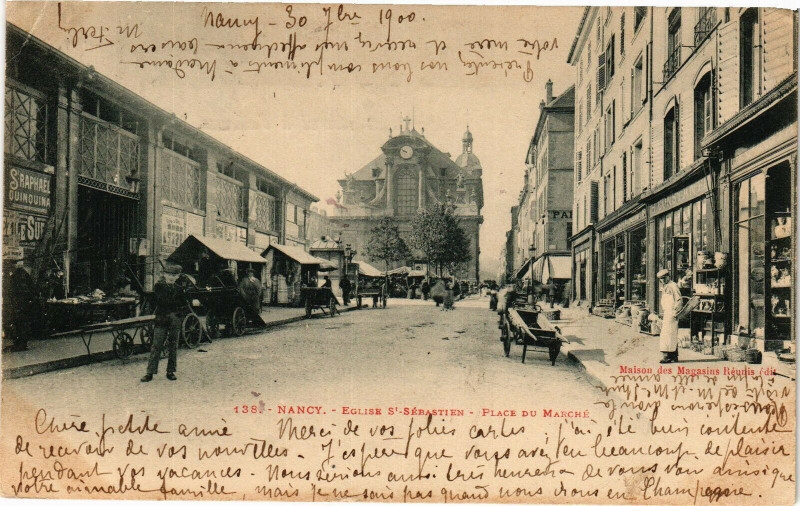 Carte postale ancienne Nancy-EgliseSaint-Sébastien-Place du Marché à Nancy