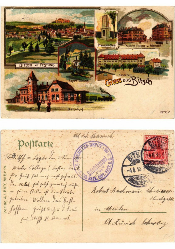 Carte postale ancienne Litho Gruss aus Bitsch 1915. Lothringen
