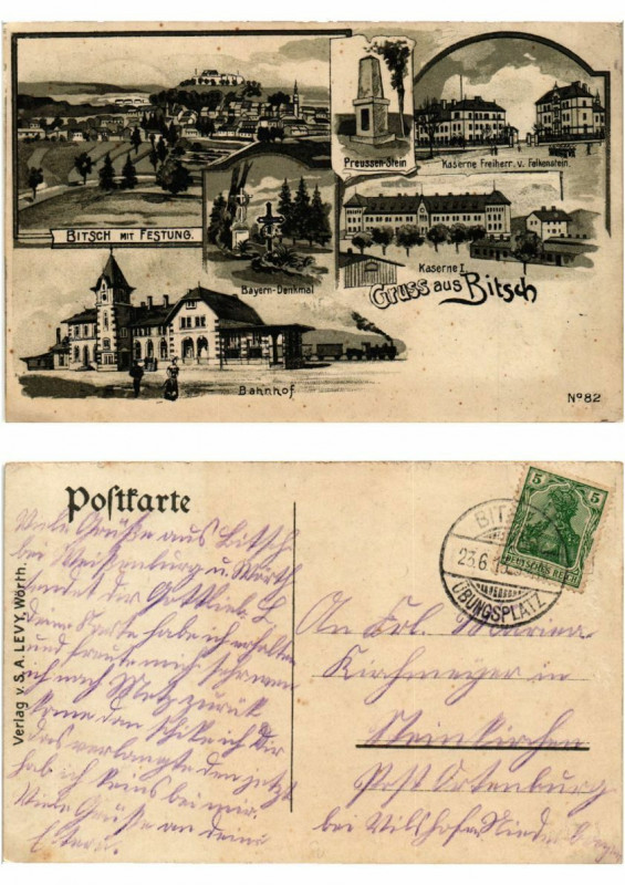 Carte postale ancienne Litho Gruss aus Bitsch 1915. Lothringen