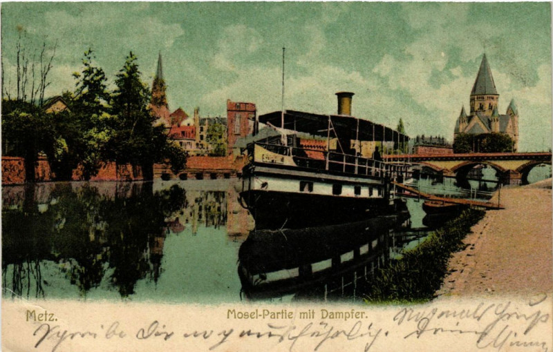 Carte postale ancienne Metz - Mosel-Partie mit Dampfer à Metz