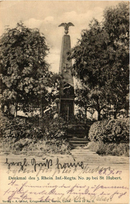 Carte postale ancienne Denkmal des 3 Rhein Inf.-Regts. No. 29 bei Saint-Hubert à Saint-Hubert
