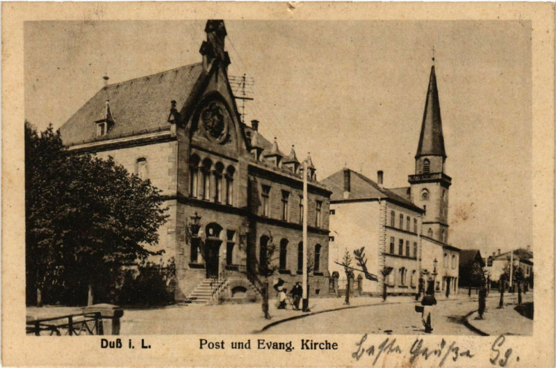 Carte postale ancienne Dieuze - Duss i. L. - Post und Evang. Kirche à Dieuze