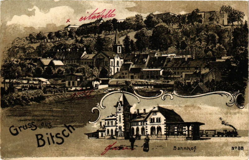 Carte postale ancienne Bitsch - Bahnhof - La Gare - Vue - Panorama