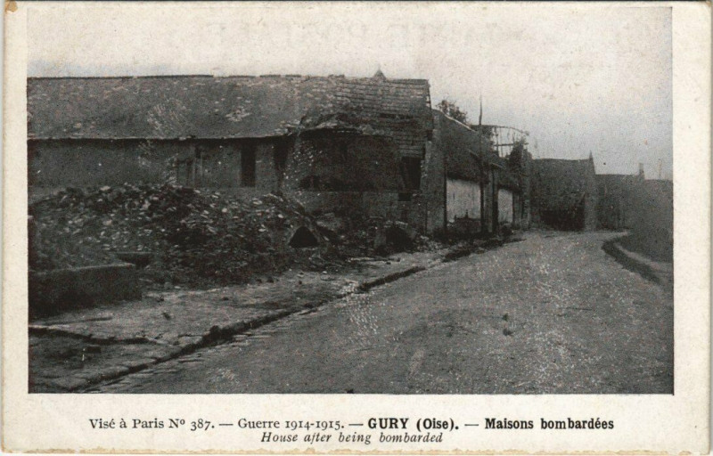 Carte postale ancienne Gury Maisons bombardées à Gury