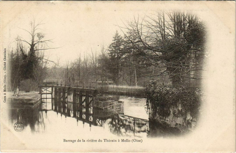 Carte postale ancienne Barrage la riviere du Therain a Mello à Mello