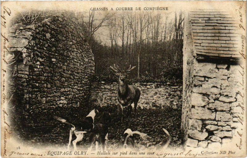 Carte postale ancienne Equipage-Olry - Hallali sur pied dans une cour - Compiegne à Compiègne