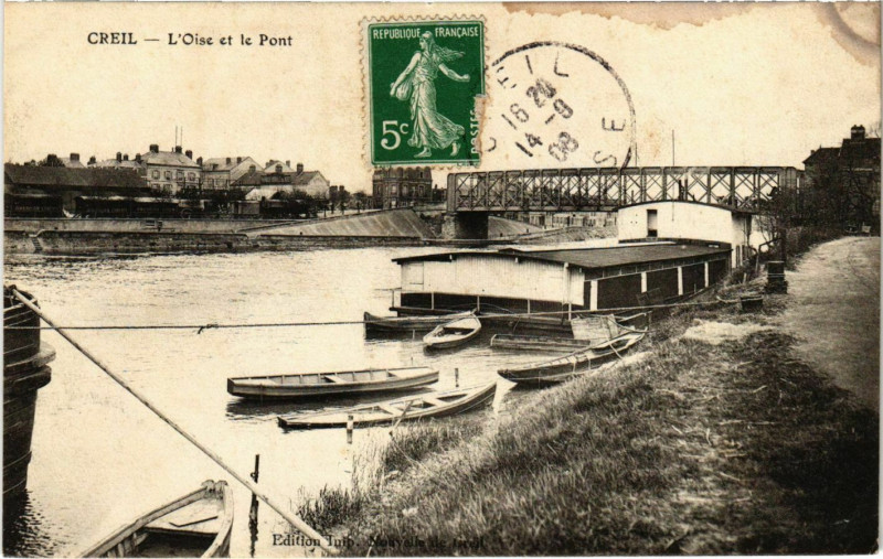 Carte postale ancienne Creil - L'Oise et le Pont à Creil