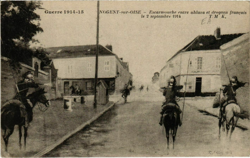 Carte postale ancienne Nogent sur Oise- Escarmouche entre uhlans&dragons France à Nogent-sur-Oise