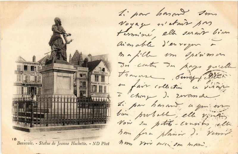 Carte postale ancienne Beauvais- Statue de Jeanne Hachette France à Beauvais