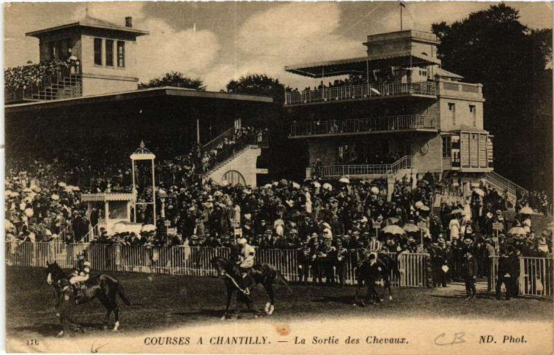 Carte postale ancienne Courses a Chantilly-La Sortie des Chevaux à Antilly