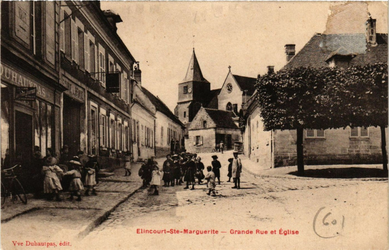 Carte postale ancienne Elincourt-Sainte-Marguerite - Grande Rue et Eglise à Élincourt-Sainte-Marguerite