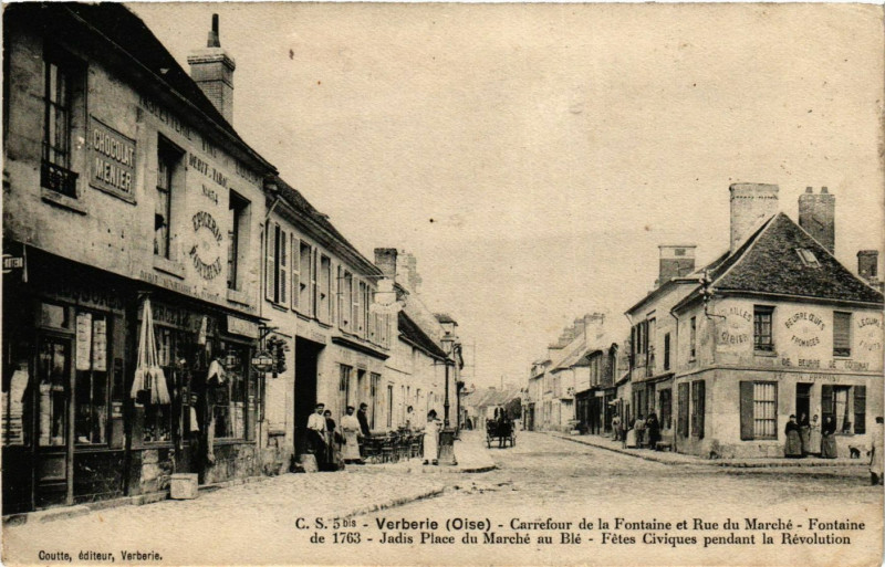 Carte postale ancienne Verberie - Carrefour de la Fontaine et Rue du Marche à Verberie