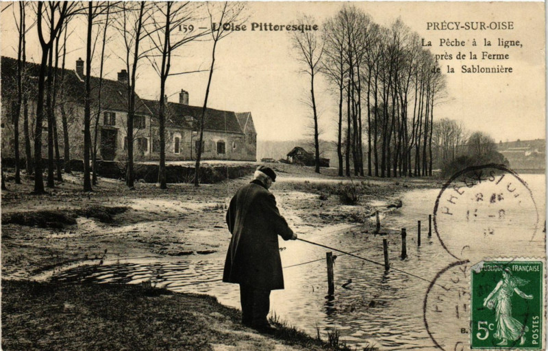 Carte postale ancienne Precy-sur-Oise Peche a ligne pres de Ferme de Sablonnie à Précy-sur-Oise