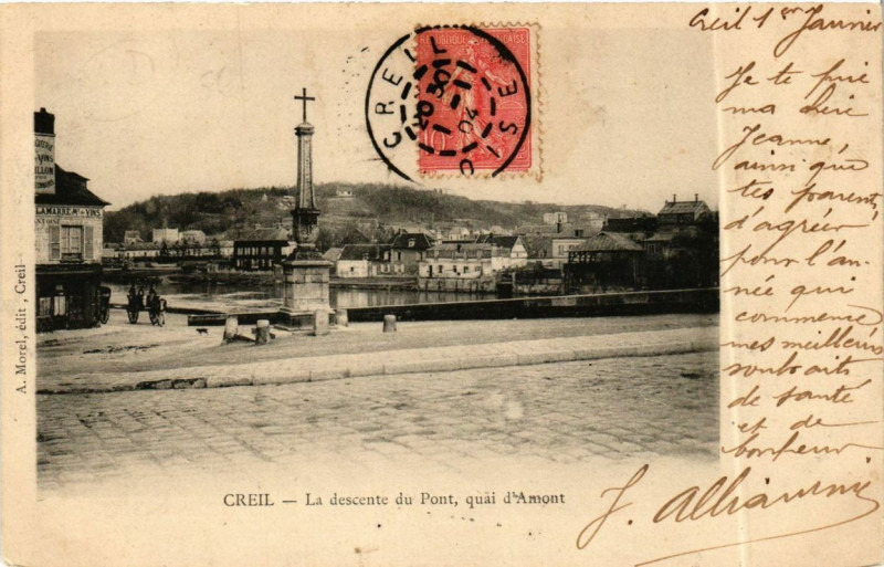 Carte postale ancienne Creil La descente du Pont quai d'Amont à Creil
