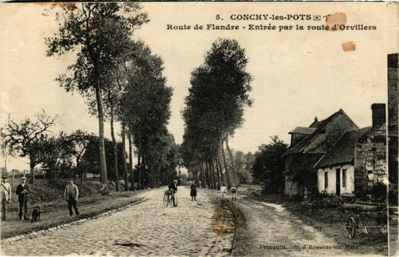 Carte postale ancienne Conchy-les-Pots Route de Flandre - Entrée par la route d'Orvillers à Conchy-les-Pots