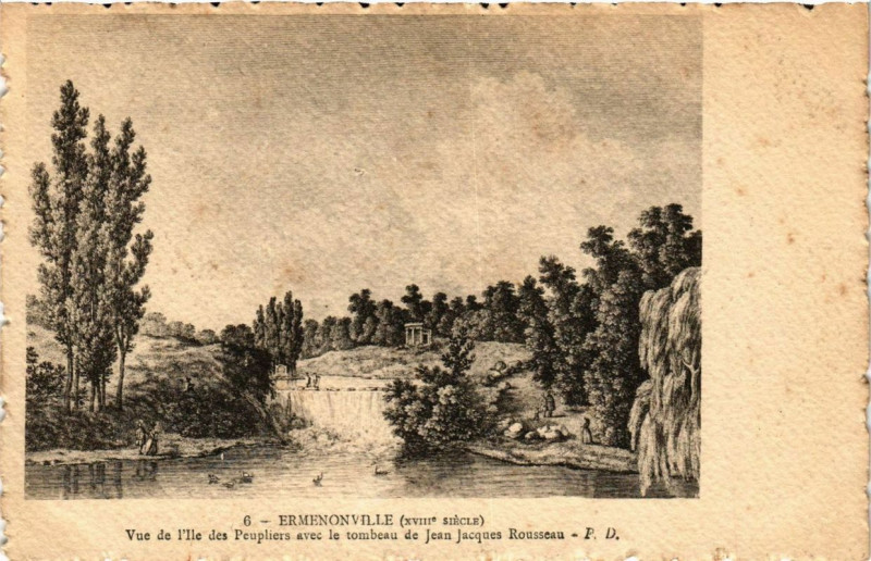 Carte postale ancienne Ermenonville Vue de l'Ile des Peupliers avec tombeau de Rousseau à Ermenonville