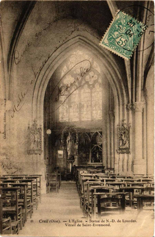 Carte postale ancienne Creil Eglise - Statue de N.D. de Lourdes. Vitrail à Creil