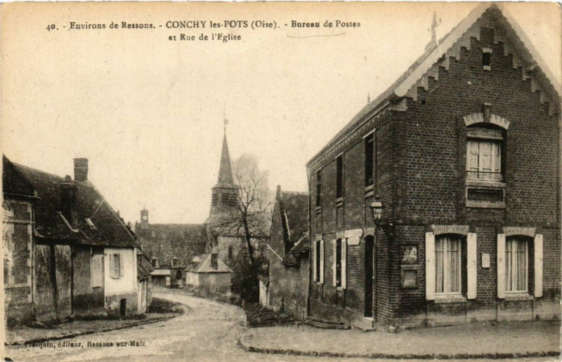 Carte postale ancienne Conchy-les-Pots Bureau de Postes et rue de l'Eglise à Conchy-les-Pots