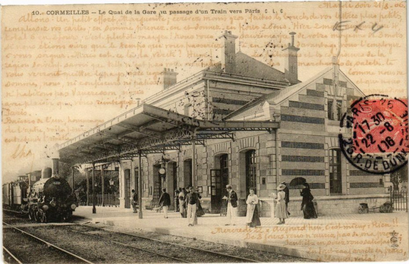 Carte postale ancienne Cormeilles - Le Quai de la Gare passage du train vers Paris à Cormeilles