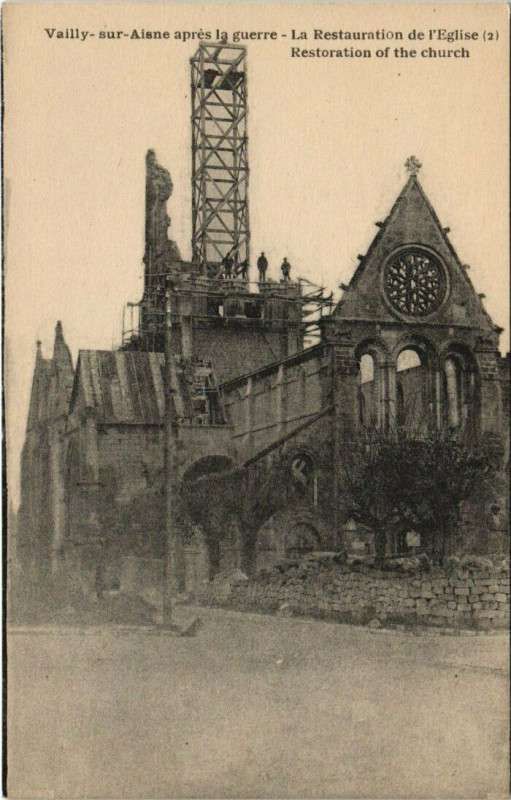 Carte postale ancienne Vailly-sur-Aisne apres la guerre Restauration de l'Eglise à Vailly-sur-Aisne