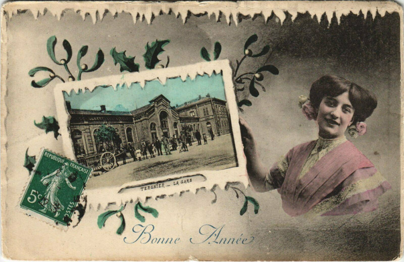 Carte postale ancienne Bonne Année de Tergnier La Gare à Tergnier