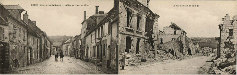 Carte postale ancienne Crouy - La Rue de Laon - Before and After War - Double Sided Pc à Crouy