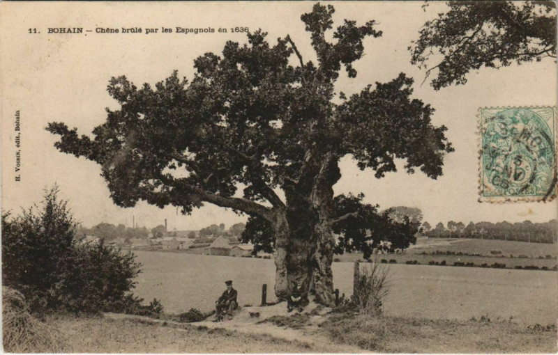 Carte postale ancienne Bohain - Chene Brule par les Espagnols en 1636