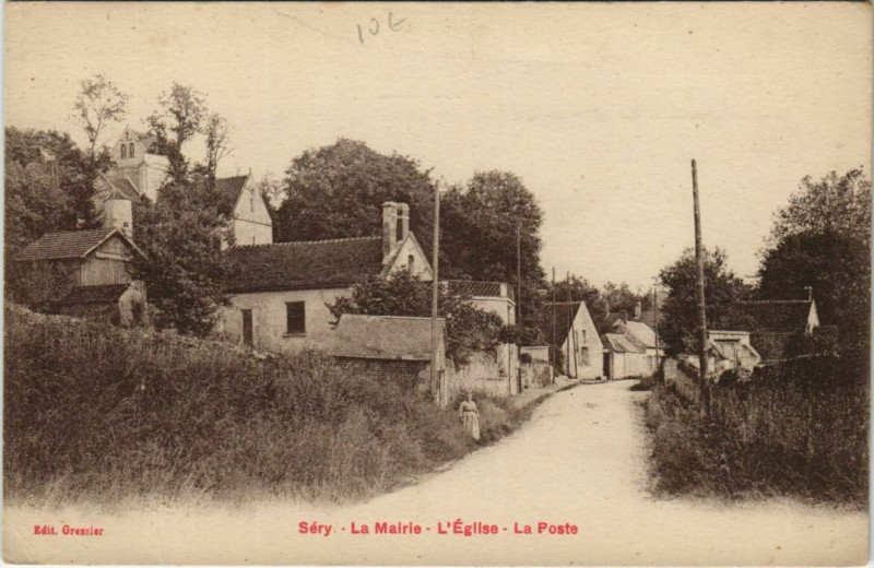 Carte postale ancienne Sery-les-Mezieres - La Mairie - L'Eglise - La Poste à Séry-lès-Mézières
