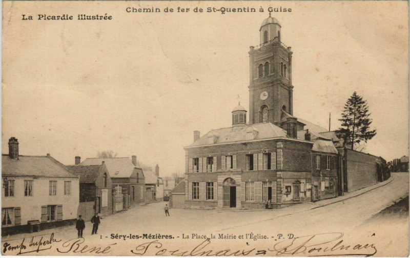 Carte postale ancienne Sery-les-Mezieres - La Place - La Mairie et l'Eglise à Séry-lès-Mézières