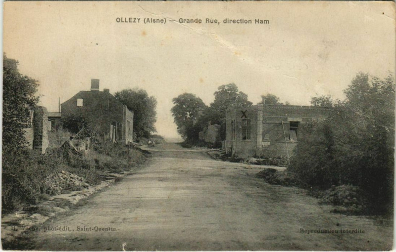 Carte postale ancienne Ollezy - Grande Rue - Direction Ham à Ollezy