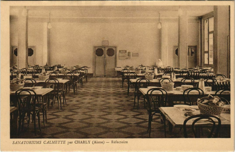 Carte postale ancienne Sanatorium Calmette par Charly - Refectoire à Harly