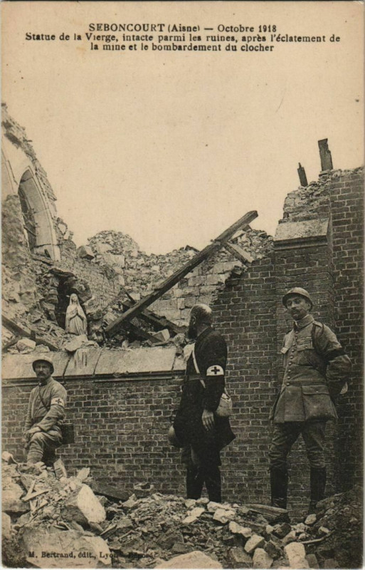 Carte postale ancienne Seboncourt - Clocher - Ruines - Statue de la Vierge - 1918 à Seboncourt
