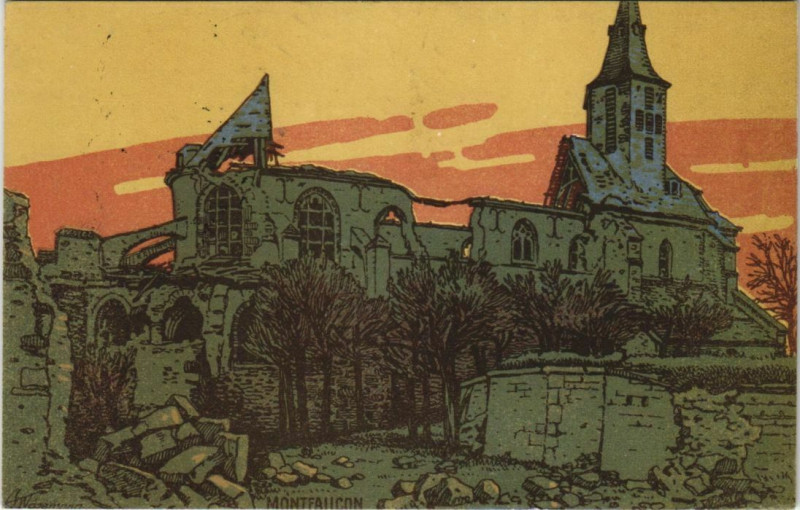 Carte postale ancienne Montfaucon - L'Eglise - Ruines à Montfaucon