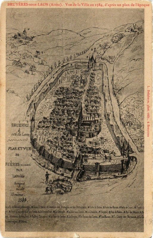 Carte postale ancienne Bruyeres-sous-Laon Vue de la Ville en 1584,d'apres un... à Laon