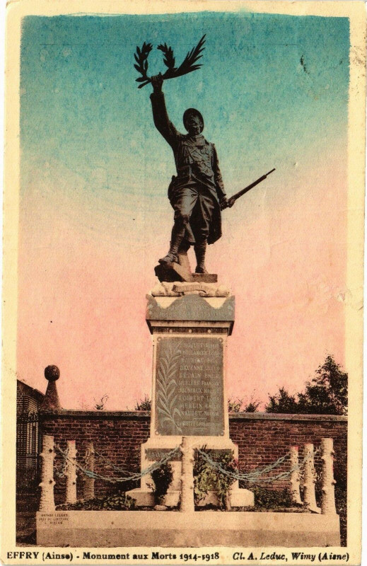 Carte postale ancienne Effry Monument aux Morts 1914-1918 Ci.a.leduc,Wimy (Aisne à Effry