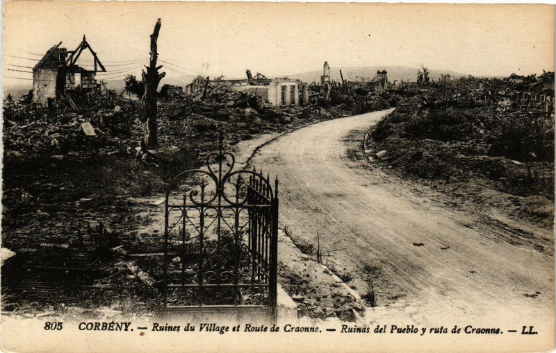 Carte postale ancienne Corbeny Ruines du Village et Route de Craonne Ruinas del Pueblo.. à Corbeny