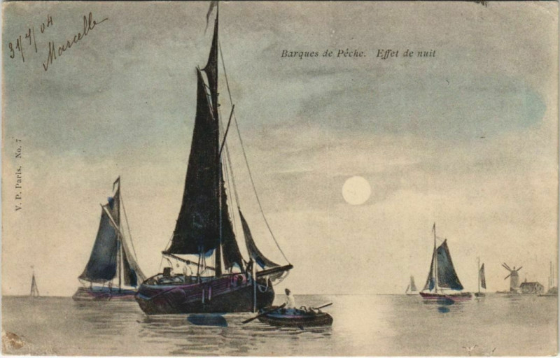 Carte postale ancienne Macelle Barque de Peche effet de nuit